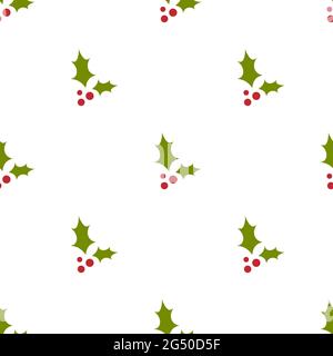 red and green holly berry on white background. seamless winter pattern. Christmas vector ornament. holiday ilex. Perfect for printing on fabric or pap Stock Vector