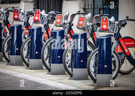 A row of parked bicycles Stock Photo