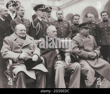 Archival photo of Crimean Conference. Prime Minister Winston Churchill, President Franklin D. Roosevelt, and Marshal Joseph Stalin at the palace in Ya Stock Photo