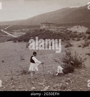Vintage photo of a monument around the battlefield of Thermopylae. Greece. 1900s Stock Photo