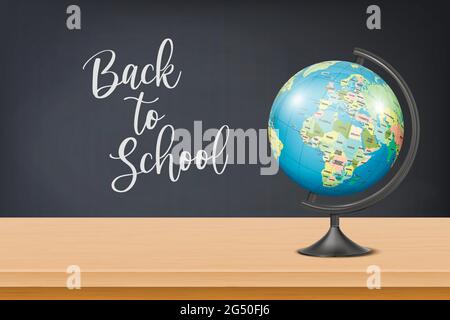 Back to School. Vector 3d Realistic Black Chalkboard, Wooden Frame and Globe of Planet Earth with Political Map of World on Desk. Chalkboard Design Stock Vector