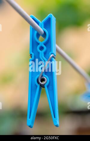 Colored clothes peg hanging by a thread Stock Photo