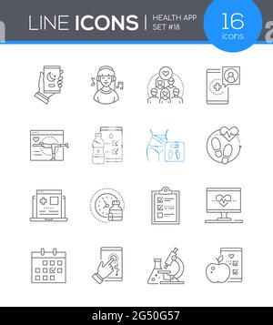 Healthcare mobile app - line design style icons set. Habit tracker idea. Sleep cycle, meditation, workout, step-counter. Healthy eating, medications, Stock Vector