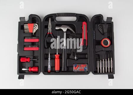 Black tool box with instrument and tools isolated on white background Stock Photo