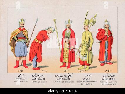 Illustrated history of Turkish Army (Ottoman Empire). Harbadji (Halberdier). Janissary (Making salvation). Janissary (in the dress of selamlik). Solak Stock Photo