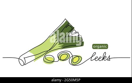Leeks, fresh onion stalk vector illustration, background. One line drawing art illustration with lettering organic leeks Stock Vector