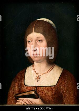 Queen Isabella the Catholic, anonymous painting, oil on panel, c. 1490. Portrait of Queen Isabella I of Castile (1451-1504) Stock Photo