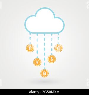 Financial coins. Cloud computing concept. Bitcoin. Digital and physical currency. Vector illustration, flat design Stock Vector