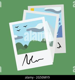 Travel Pictures taken from Polaroid Camera with quote written on bottom stacked together. Holiday Memories of hills, sky and good times. Stock Vector