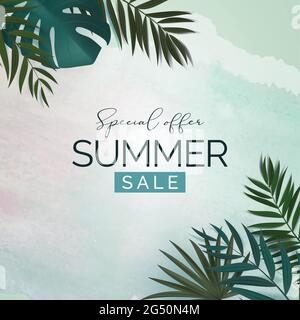 Summer Sale Natural Background with Tropical Palm and Monstera Leaves. Vector Illustration EPS10 Stock Vector