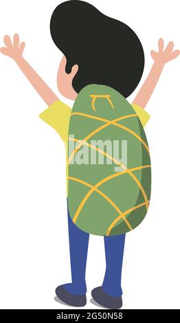 Man traveling around the world with backpack on his back. Yellow Shirt Blue pant Green Backpack. Scalable Vector Clipart Isolated on White Background. Stock Vector