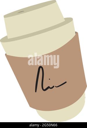 A Cup of Coffee inn a to go container with name on it isolated on white background. Glass of Java or Joe for Big Boss at Office. Stock Vector