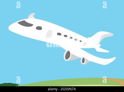 White Airplane Flying over City with a green park below and blue sky in background. Flight Vector Illustration. Pilot Flying Aircraft to Airport. Stock Vector
