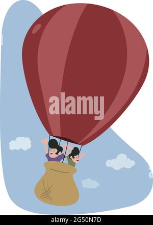 Red Hot Air Balloon with 2 people flying across the sky. Blue sky background with clouds. Holiday Activities for adventure and sightseeing. Stock Vector