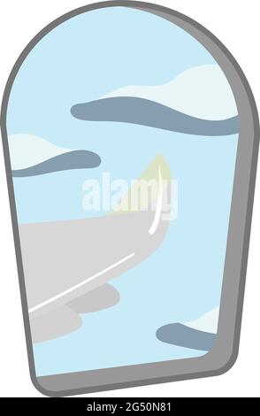 Airplane Window view from inside the plane. Looking outside at airplane wing, sky and clouds. Travel Vector Graphics. Traveling for Holiday or Work. Stock Vector