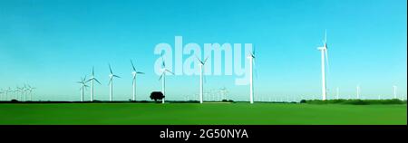 Ecological energy and environmental conservation concept. Wind turbines generate electricity. Landscape field and sky. Wind power energy. Vector Stock Vector