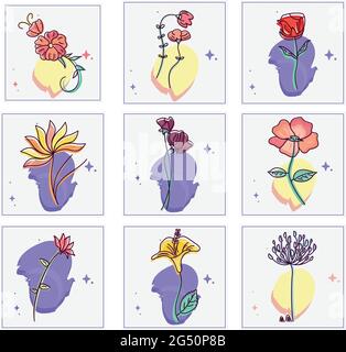 Set of hand drawn colored flowers Stock Vector