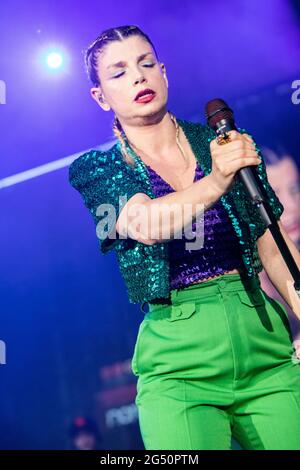 Sesto San Giovanni Milan Italy. 23 June 2021. The Italian singer/songwriter EMMA MARRONE performs live on stage at Carroponte during the 'FortunaLive Tour 2021'. Stock Photo