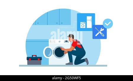 Professional repairman fixing a washing machine at home Stock Vector