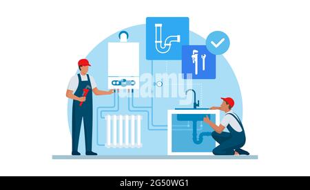 Professional plumber and heating engineer at work, they are checking the boiler and home plumbing Stock Vector