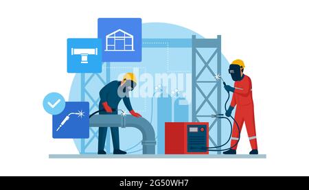 Professional welders at work, they are welding a pipe and a steel frame Stock Vector