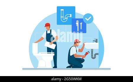 Professional plumbers service, they are unclogging a toilet and fixing the plumbing in a sink Stock Vector