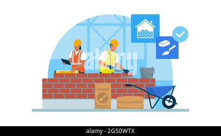 Professional builders laying bricks and checking brickwork Stock Vector