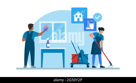 Professional cleaning service working at home, they are cleaning windows and floors Stock Vector