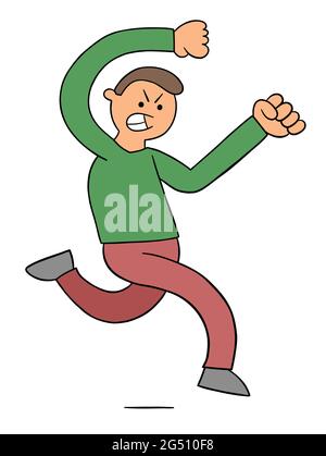 Cartoon man is very angry and chasing, vector illustration. Colored and black outlines. Stock Vector