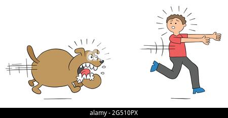 Cartoon angry dog chases man and man runs away, vector illustration. Colored and black outlines. Stock Vector