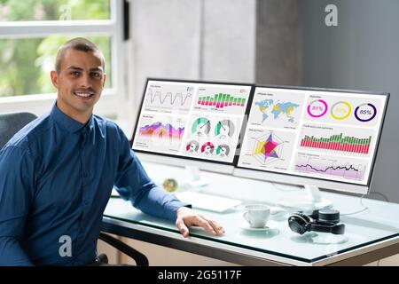 Analyst Man Using Business Data Analytics Dashboard Stock Photo