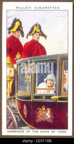 A cigarette card published by Will's Cigarettes in their series The Reign of H M King George V showing Marriage of the Duke of York on 26 April 1923