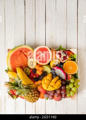 The set of tropical fruits stacked for delivery Stock Photo