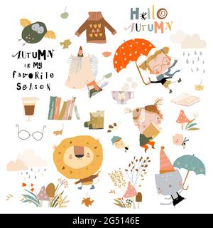 Fall set with cute animals and funny kids Stock Vector