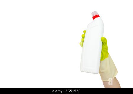 https://l450v.alamy.com/450v/2g5152e/spring-cleaning-concept-top-view-of-hand-in-yellow-rubber-gloves-holding-white-bottle-with-liquid-detergent-cleaning-supplies-concept-disinfection-2g5152e.jpg