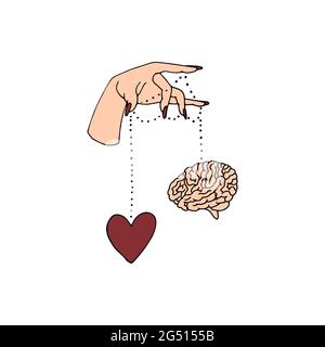 Line art illustration of hand drawn female hands holding heart and a brain. Stock Vector