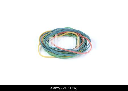 Colored elastic bands on white background. Rubber band. Stock Photo