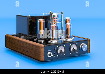 Vintage vacuum tube amplifier on blue background, 3D rendering Stock Photo