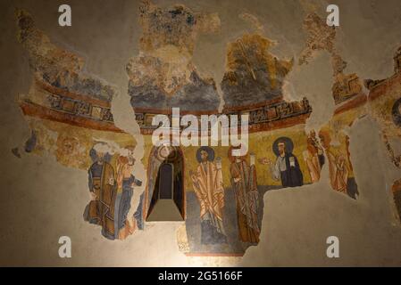 Solsona Museum. Romanesque mural fresco of the Sant Vicenç de Rus church apse, in Castellar de N'Hug, Berguedà (Catalonia, Spain) Stock Photo