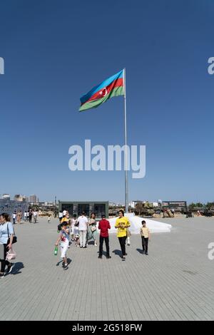 Baku, Azerbaijan. 16th June, 2021. Large Azeri flag flying in Trophy Park.Made up of captured Armenian military equipment from the Nagorno Karabakh war, Trophy Park is a park in central Baku. Credit: Edward Crawford/SOPA Images/ZUMA Wire/Alamy Live News Stock Photo