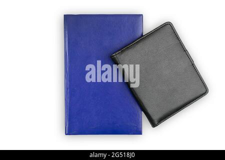 Leather notebooks on white isolated background, top view, mockup and copy space Stock Photo