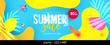 Summer sale vector illustration with tropical leaves, bubble forms and beach accessories background. Promotion banner for website Stock Vector