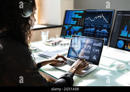 African Advisor Using KPI Dashboard With Financial Analytics Graphs Stock Photo