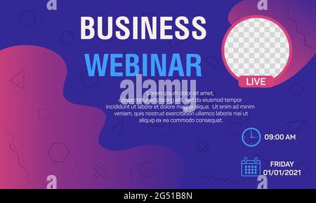 Webinar social media post. Modern banner with geometric purple background. Suitable for business webinar, conference announcements, and online seminar Stock Vector