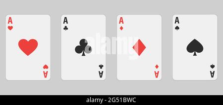 Set of four aces playing cards suits. Winning poker hand. Set of hearts, spades, clubs and diamonds ace. Stock Vector