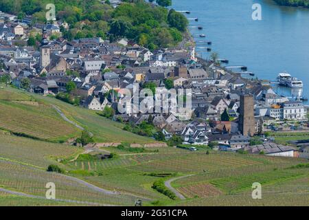 Town and vinyards seen from the Niederwald Memorial, Rüdesheim, famous wine village in Rheingau landscape on the Rhine River, Hesse, Germany, Europe Stock Photo
