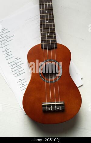 Acoustic ukulele and chord chards Stock Photo