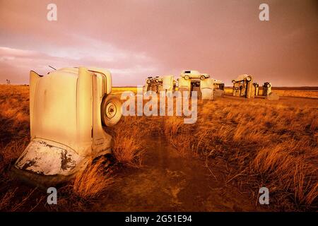 Carhenge at sunset, Alliance, Nebraska, USA Stock Photo