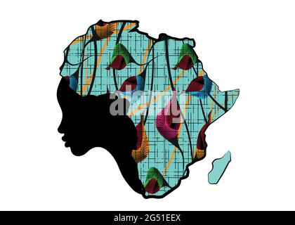 Concept of African woman, face profile silhouette with turban in the shape of a map of Africa. Colorful Afro print fabric, tribal logo design template Stock Vector