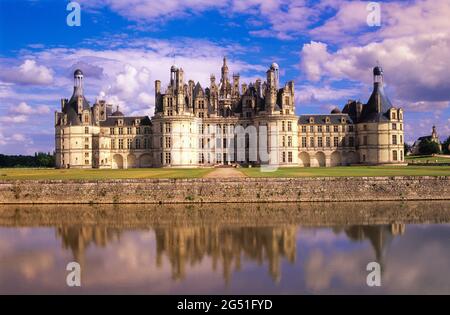 View of Chateau Chambord behind moat,  Chambord, Loir-et-Cher, France Stock Photo